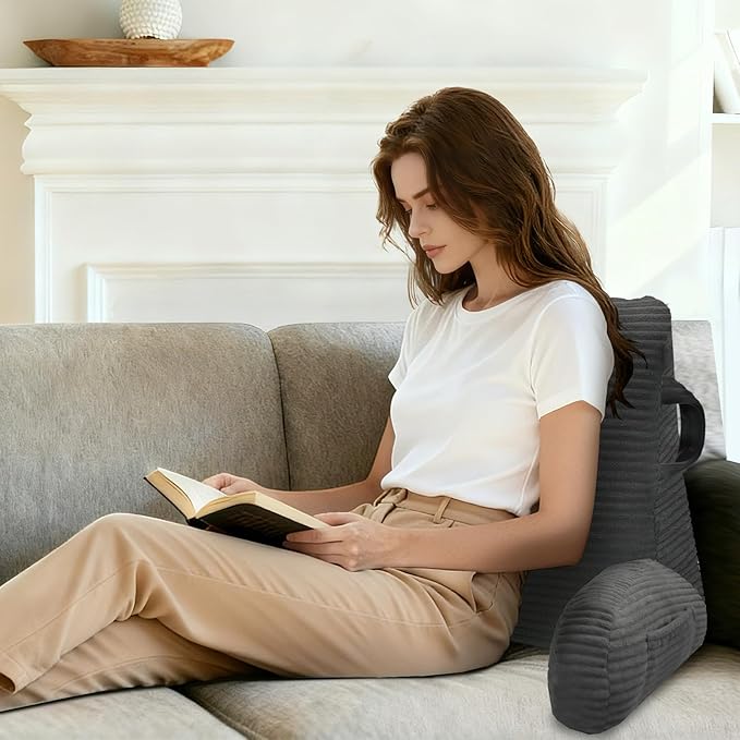 ABROLOY Reading Pillow for Sitting in Bed Adult, Bed Reading Pillow with Shredded Memory Foam, Back Pillow for Sitting with Arms and Pockets, Gery
