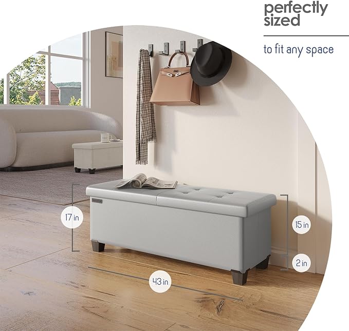 Storage Ottoman Bench with Bins, 43-in Storage Bench for Bedroom End of Bed, Folding Foot Rest Ottoman for Living Room Max 660lbs, Faux Leather Ottomans, Light Grey