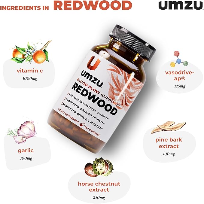 UMZU Redwood Blood Flow Nitric Oxide Supplement for Men & Women, Blood Pressure, Circulation, Stamina, Energy (30 Day Supply | 180 Capsules)