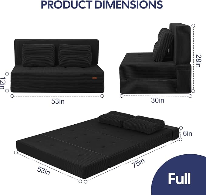 COMAX Folding Sofa Bed, Foldable Couch for Bedroom, Convertible Floor Sleeper Futon Chair Foam, Corduroy 3 in 1 Fold Out Chair Portable Comfy Lounge Couch Sofa Bed for Small Space, Full, Black