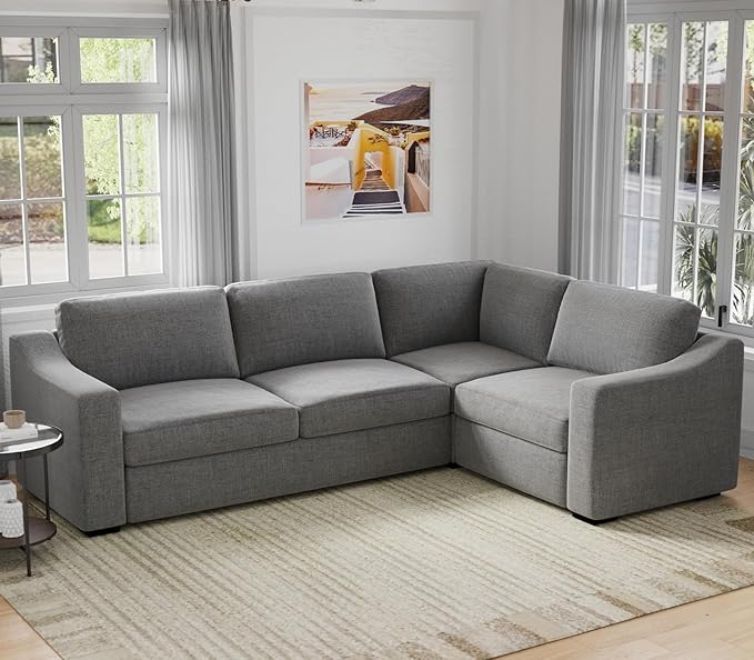 ELUCHANG Convertible Sectional Sofa, L Shaped Couch, Natural Linen Fabric Couches with Extra Deep Seats, Big Comfy Couch Upholstered Modern Corner Sofa for Living Room, Office, Grey