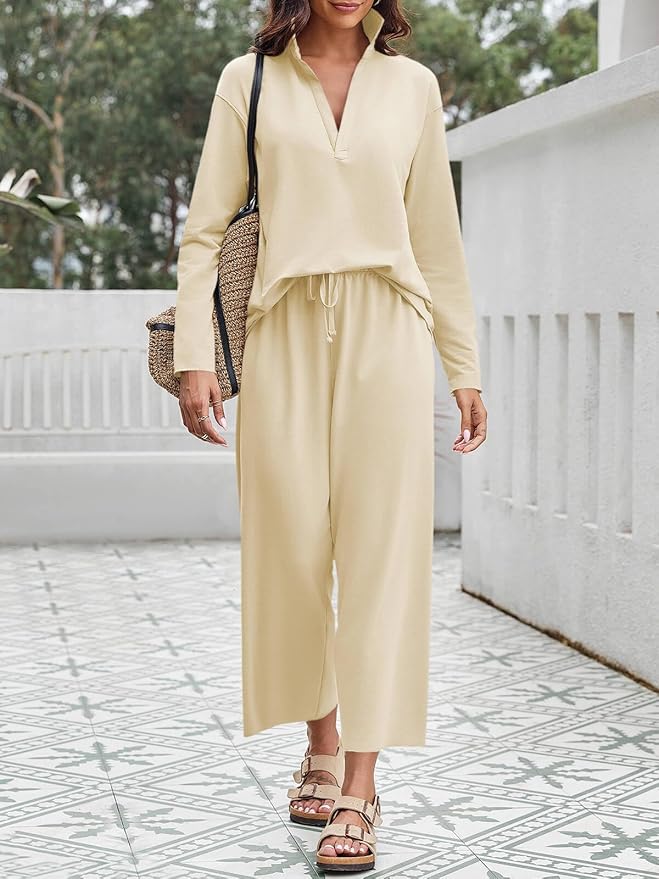 Imily Bela Womens 2 Piece Outfits Sweatsuit Long Sleeve Lapel V Neck Shirt and Wide Leg Pants 2025 Fall Trendy Tracksuit
