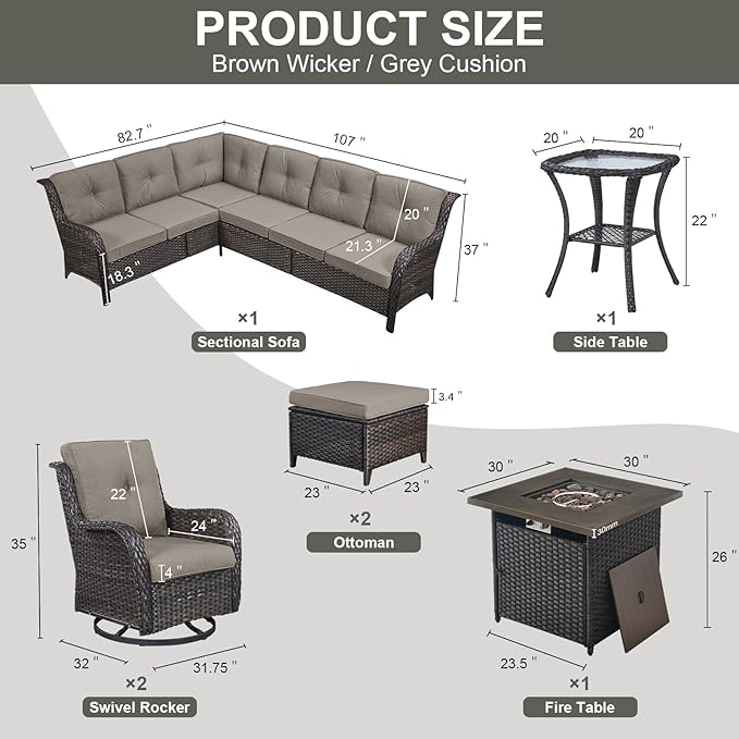 Belord Outdoor Sectional Furniture Sofa Set with Propane Fire Pit Table, Wicker Patio Conversation Set with 2 Swivel Rocker Glider Chairs Grey Cushion Perfect for Backyard Casual Gathering