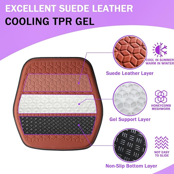 Binsheo Thin Premium Gel Seat Cushion for Car Seat, Office Chair, Wheelchair, Golf Cart - Non-Slip Car Seat Cushions with 0.7 Inch Gel - Sciatica & Coccyx Pain Relief (Suede, Orange)