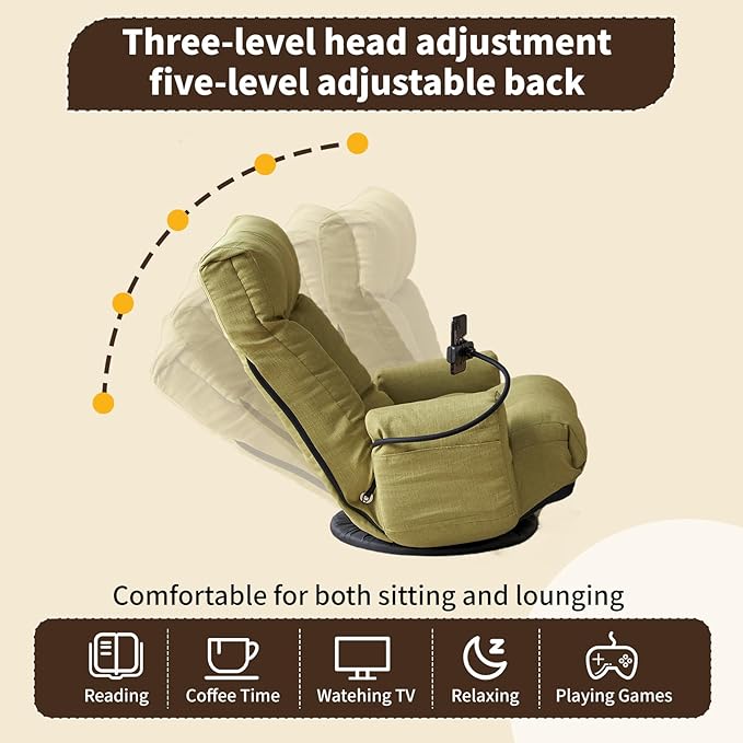 Swivel Lazy Floor Chair, Adjustable Reclining Floor Lounger with Head & Back Support and Phone Holder, Comfy Tatami Sofa Seat for Adults Bedroom & Gaming