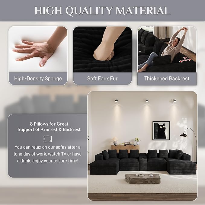 Modular Sectional Sofa with USB Cup Holders Storage, 143" U Shaped Cloud Couch Plush Corduroy Deep Seat Boneless Sofas with Double Chaise Lounge Sectional Couches Memory Foam for Living Room - Black