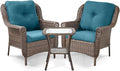 ACTREST 3 Piece Patio Brown Wicker Chairs with Side Table - Outdoor High Back Heavy Duty All-Weather Lawn Dining Rattan Chair Conversation Bistro Set for Deck Porch Balcony Garden - Peacock Blue