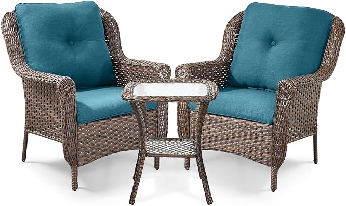 ACTREST 3 Piece Patio Brown Wicker Chairs with Side Table - Outdoor High Back Heavy Duty All-Weather Lawn Dining Rattan Chair Conversation Bistro Set for Deck Porch Balcony Garden - Peacock Blue