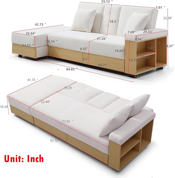 Roockky Convertible Sofa Bed, 85" Folding Sectional Sleeper Sofa with Storage Ottoman, Drawers, Built-in Bookshelves and 2 Cup Holders, Linen (Beige)