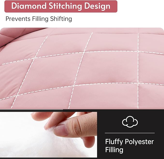 MUXHOMO 7 Pieces Full Comforter Set, Reversible Bed in a Bag Full Size, All Season Bedding Set with Comforter, Flat Sheet, Fitted Sheet, Pillowcases & Shams, Light Pink & Ivory