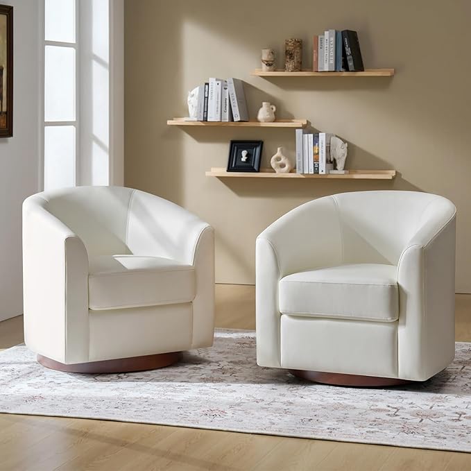 HULALA HOME Faux Leather Swivel Accent Chairs Set of 2 with Solid Wood Base, Round Swivel Barrel Chairs for Living Room and Bedroom, White