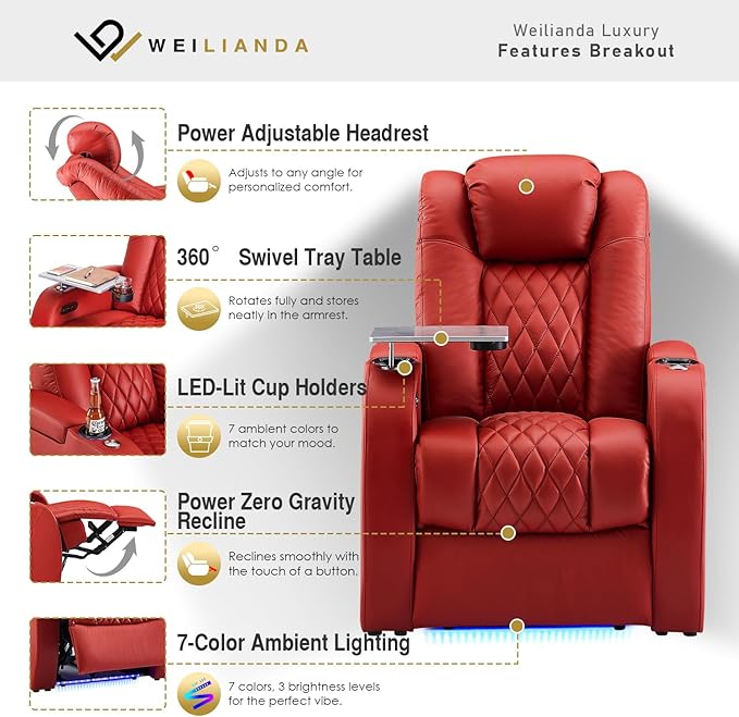 Weilianda Home Theater Seating Top Grain Leather Zero Gravity Recliner Chair Power Headrest Recline Movie Seat Gaming 7 Colors Mood Light Sofa with Tray Table USB Charge Row of 3 Red