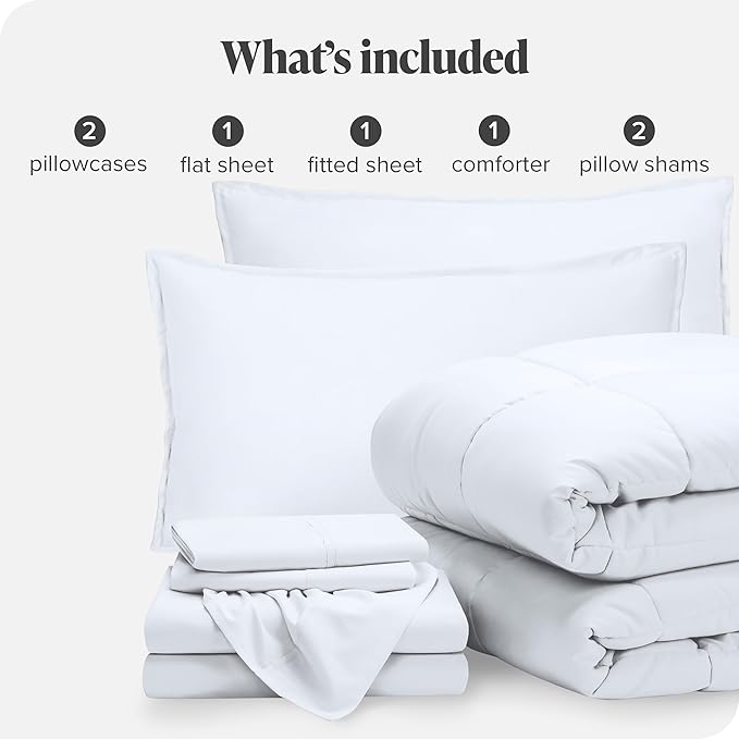 Bare Home Bed-in-A-Bag 7 Piece Comforter & Sheet Set - California King - Goose Down Alternative - Ultra-Soft 1800 Premium Bed Set (Cal King, White/White)