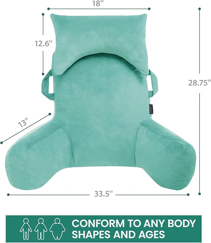 Unisakey Portable Reading Pillows with Headrest for Bed Sitting Up(Lake Blue Oeko-Tex), Velvet Back Pillow with Arms & Pockets for Adults, Support Memory Foam Bed Pillow for Dorm/Watching/Gaming
