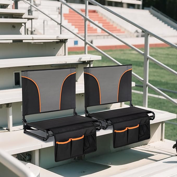 HIGH POINT SPORTS Folding Stadium Seat Bleacher Chair with Mesh Bag and Hide Hooks, 2 Pack Portable Stadium Chair with Back, Outdoor Comfort Chair, Black Grey