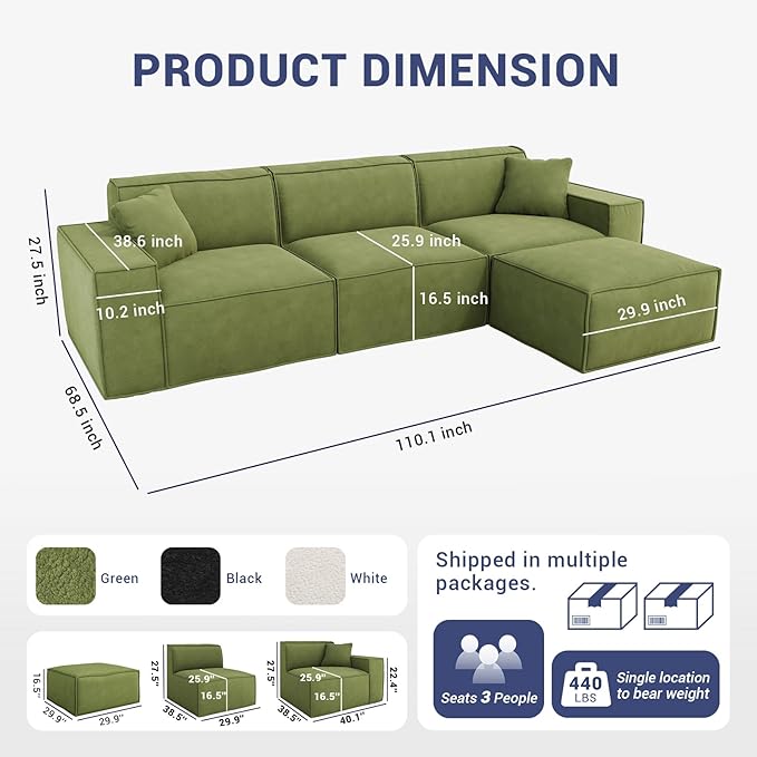 110"Cloud Sectional Couch, Chenille Boneless Couch L Shaped with Deep Seats & Wide Armrests, Convertible Modular Sectional Sofa Memory Foam Compression Floor Sofa for Living Room, No Assembly Required