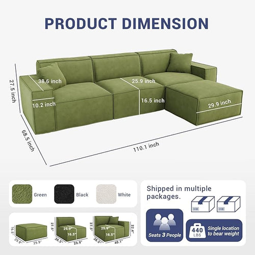 110"Cloud Sectional Couch, Chenille Boneless Couch L Shaped with Deep Seats & Wide Armrests, Convertible Modular Sectional Sofa Memory Foam Compression Floor Sofa for Living Room, No Assembly Required