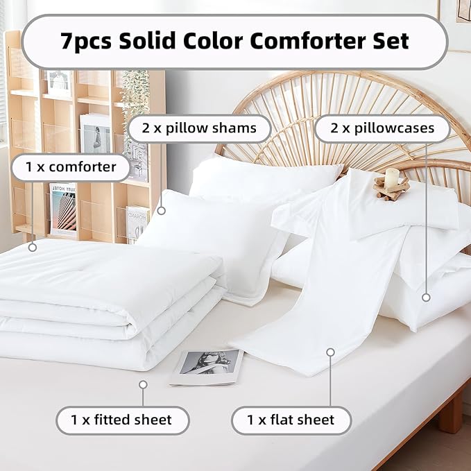 weigelia King Comforter Set 7 Pieces White Comforter Set Bed in a Bag Soft Fluffy King Size Bedding Set with Flat Sheet, Fitted Sheet, Pillow Shams, Pillowcases for All Season