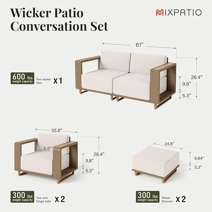 MIXPATIO Outdoor Patio Furniture Set, 6 Piece Outdoor Rattan Wicker Couch Set, Conversation Sets with 2 Single Sofas, 2 Armchairs and 2 Ottomans for Deck Backyard Lawn
