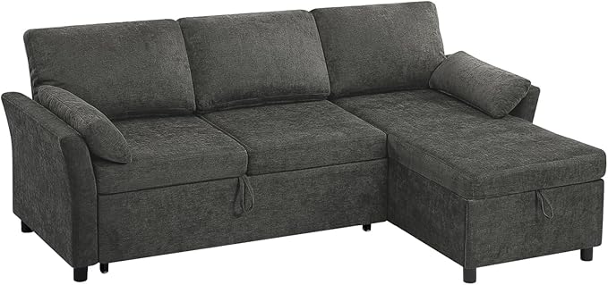 ACMEASE 83 Inches Fabric Sectional Sofa with Pull Out Sofa Bed, Modern L Shaped Sofa with Throw Pillows, Comfortable Sleeper Couch with Storage Chaise for Living Room, Grey