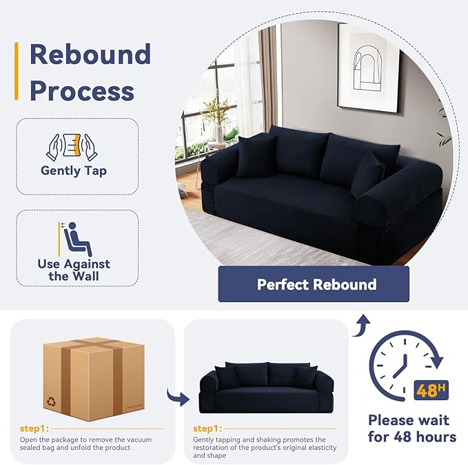 GJQ 83" 3 Seater Sofa Bed,Corduroy Sofa in a Box with 4 Pillows & Storage Pocket,Boneless Couch for Living Room,Convertible Couch Bed,No Assembly Required,Navy Blue