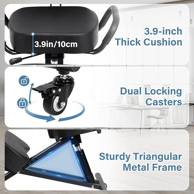 Ergonomic Kneeling Chair Height-Adjustable 32.2-36.2 in Postures Chairs with Lockable Wheels and Armrests Knee Chairs can Hold Up to 220 Lbs Kneeling Ergonomic Chair for Desk Home Meditation,Black
