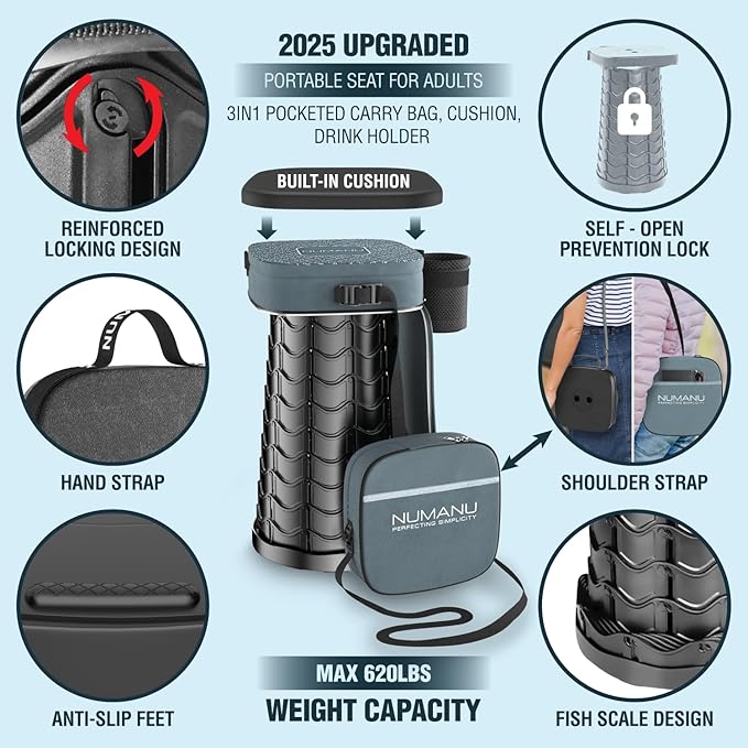 NUMANU 2025 Upgraded Collapsible Stool & 3IN1 Cushioned Carry Bag, Max 620lbs, 18" Height Adjustable Portable Stool Retractable Telescoping Seat, Foldable Camping Stool for Adults or Footrest (Square)