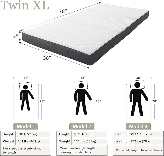 Tri Fold Memory Foam Foldable Mattress Twin XL, 3 inch Folding Mattress for Guest Sleep. Portable Trifold Mat with Removable Washable Cover, Floor Sleeping Mat for Adult and Kid