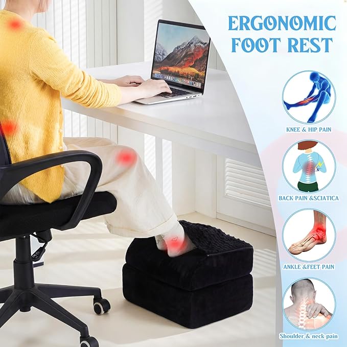 Novabright Adjustable Under Desk Foot Rest, Memory Foam Foot Stool with Gel Top and Warm Pocket Washable Cover Footrest for Office Chair Leg and Back Pain Relief (15" X 11" X 14.4",Cambered,Black)