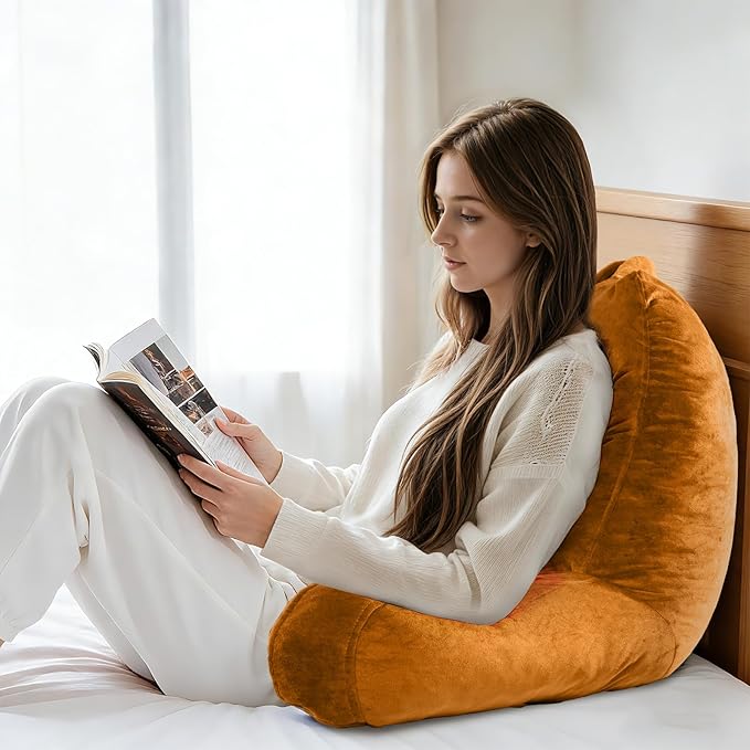 OAISZ Reading Pillow for Sitting in Bed Adult, X-Large Reading Pillow with Shredded Memory Foam, Back Pillow for Sitting Up with Extend Arms, Pockets, Bed Pillow with Washable Cover, Orange