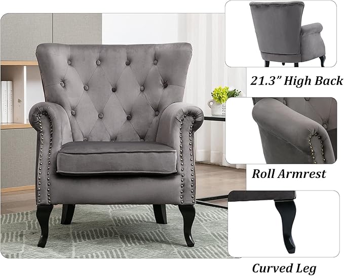 DM Furniture Mid Century Accent Chair Modern Button Tufted Armchair Wingback Club Chair Velvet Single Sofa Lounge Chair with Pillow for Living Room Bedroom, Grey
