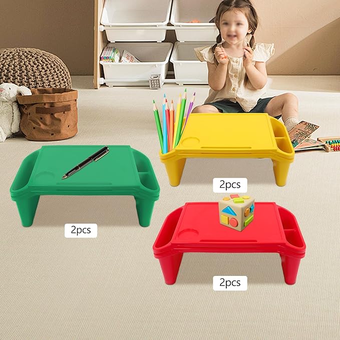 6 Pcs Kids Lap Desk Tray, 19.69 * 9.84 * 7.09in Lap Desks with Storage, Lap Desk Tray with Side Pockets and Slot for Writing Eating Game Classroom (2*Red+2*Green+2*Yellow)