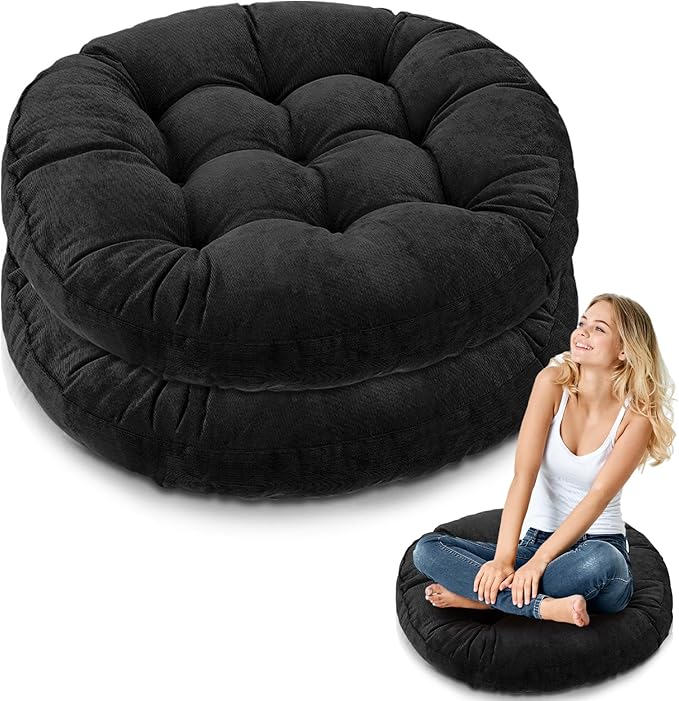 Jerify 2 Pcs Floor Pillow Cushions 22 x 22 Inch Round Square Large Meditation Floor Pillow for Classroom Adult Meditation Picnic Party Seating Learning Daycare School (Round,Black)