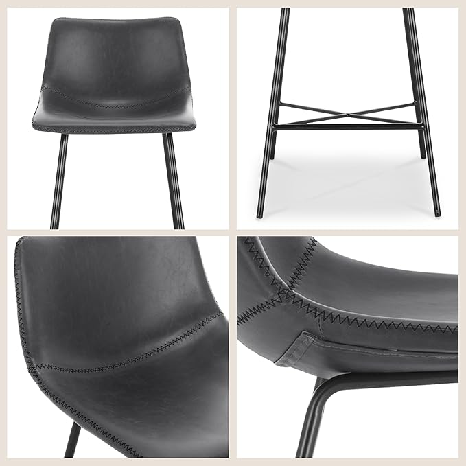 POLY & BARK Paxton Leather Counter Stools 24 Inches - Set of 3 - Counter Height Bar Stools with Back - Modern Barstools for Kitchen Island or Counters - Faux Leather & Matte Black Steel Base - Gray