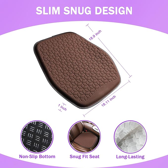 Binsheo Thin Premium Gel Seat Cushion for Car Seat, Office Chair, Wheelchair, Golf Cart - Non-Slip Car Seat Cushions with 0.7 Inch Gel - Sciatica & Coccyx Pain Relief (Suede, Dark Brown)