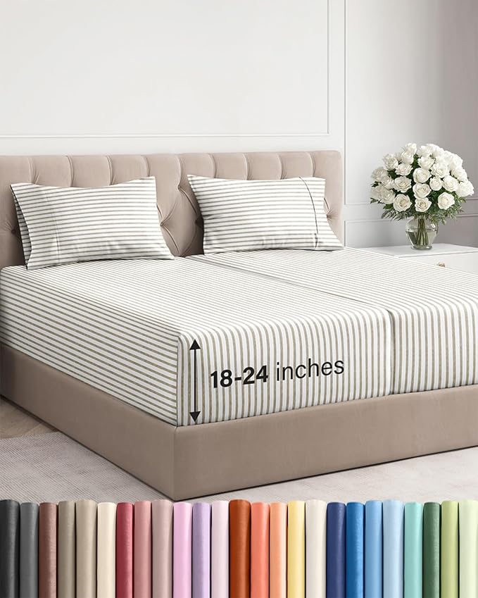 Extra Deep Pocket Split King Sheets - 5 Piece Breathable & Cooling Bed Sheets - Hotel Luxury Bed Sheet Set - Soft, Wrinkle Free & Comfy - Easily Fits Extra Deep Mattresses - Beige Striped Sheets Set