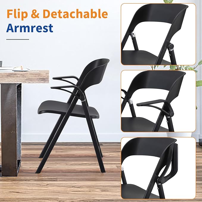 Folding Office Chair, Plastic Folding Chairs with Detachable Armrest, Stackable Dining Chairs, Portable Foldable Chair for Indoor, Outdoor, Wedding, Party, Picnic, Yard, Garden (Black, 2Pack)