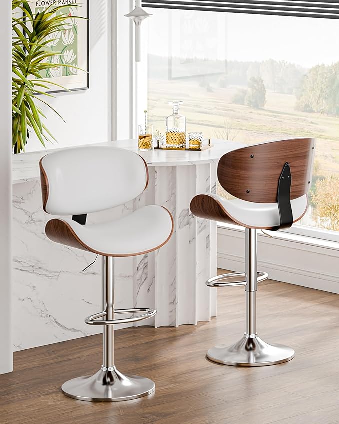 Aowos Bar Stools, Adjustable Swivel Leather Bar Stools for Kitchen Island, Mid Century Modern Counter Height Bar Chairs Barstools with Back & Footrest (White 1PCS)