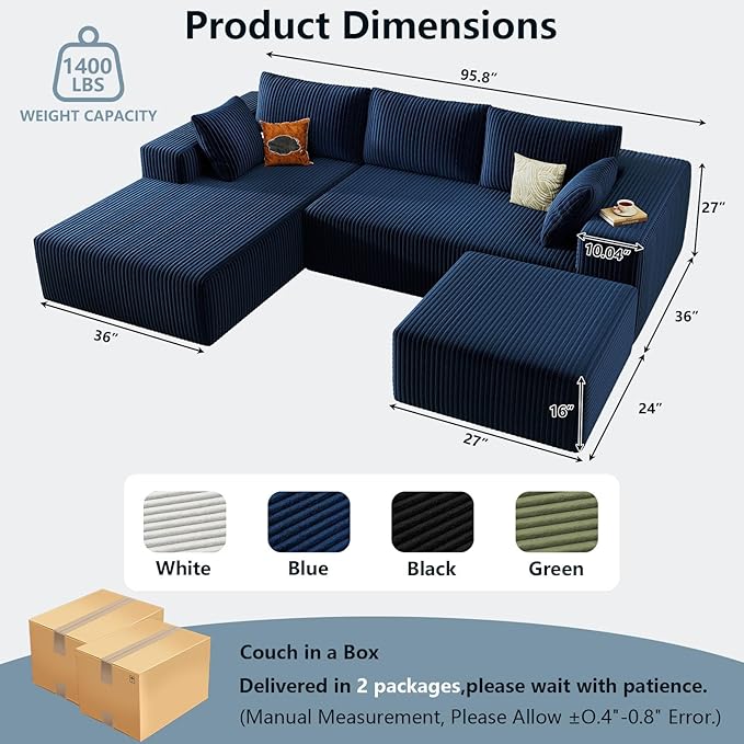 96" W Cloud Sectional Couch with Ottoman,Modern U-Shaped Cloud Couch with Deep Seat,Comfy Corduroy 3-Seater Sofa,Memory Foam Sofa for Living Room,No Assembly (Blue,Left-Facing Chaise)