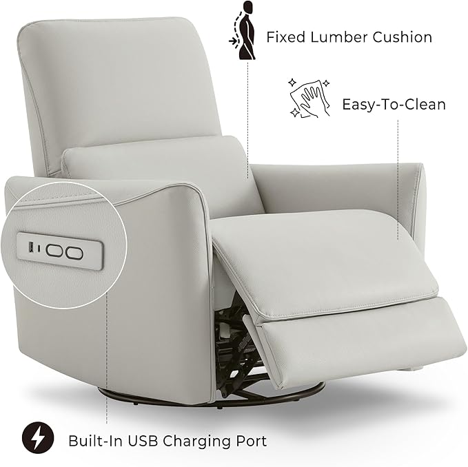 CHITA Power Recliner Chair Swivel Glider, FSC Certified Upholstered Faux Leather Living Room Nursery Reclining Sofa Chair with Lumbar Support, Cream