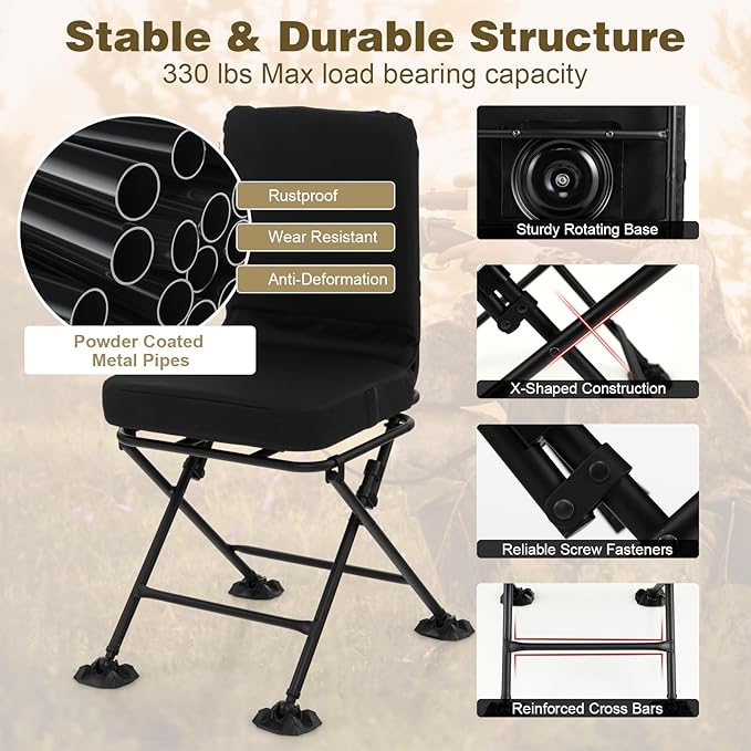 GYMAX Hunting Chair, 360 Degree Swivel Hunting Blind Chair w/ 3’‘ Oversized Duck Feet & Camo Padded Cushion, 330 LBS Silent Waterproof Rustproof Folding Ground Blind Hunting Seat Stool for Outdoors