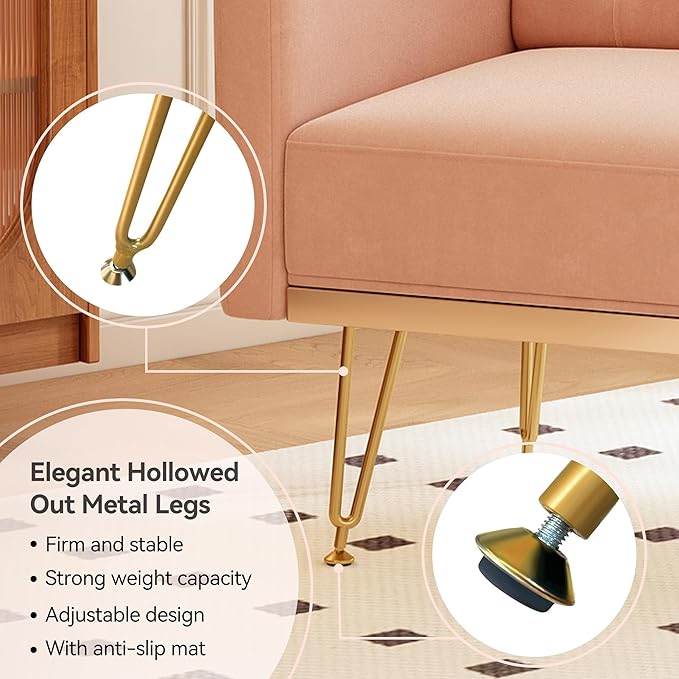 Accent Chair for Living Room, Comfy Oversized Velvet Upholstered Arm Chairs, Mid Century Modern Reading Single Sofa Side Chair with Tufted Back and Gold Legs for Bedroom (2, Pink)