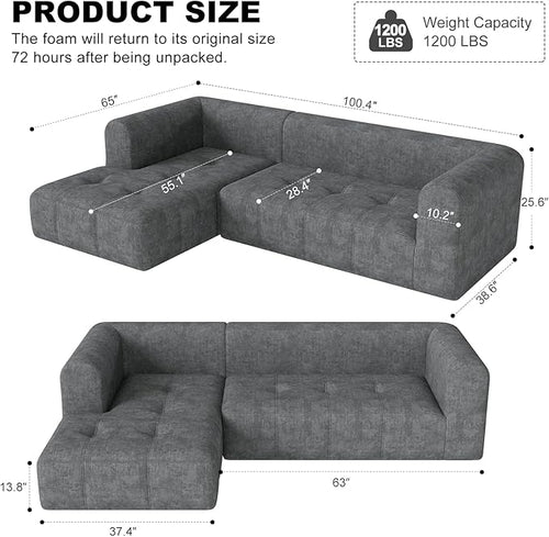 105" Modular Sectional Couches for Living Room, Cloud Sectional Couch with Deep Seat, Convertible L-Shape Couch, Upholstered Couches for Living Room Bedroom, No Assembly Required, Grey (Slub Fabric)