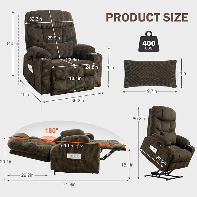CDCASA Oversized Dual Motor Lay Flat Power Lift Recliner Chair with Massage, Heating, Textile Infinite Position Large Recliner Chairs for Big & Elderly People, USB & Type-C Ports,2 PCS, Brown