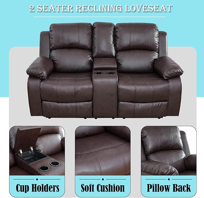 Caberryne Leather Recliner Sofa，Reclining Loveseat for Living Room Furniture Sets, Light Brown Double Recliner Loveseat for Living Room/Office/Theater Seating/Rv(2 Seater Couch)