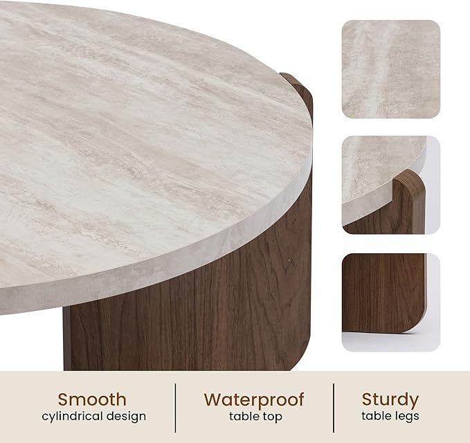 SUNBURY Modern Round Coffee Table with Sturdy Base, Wood Center Tables for Living Room Reception Room, Faux Marble Tabletop, Easy Assemble