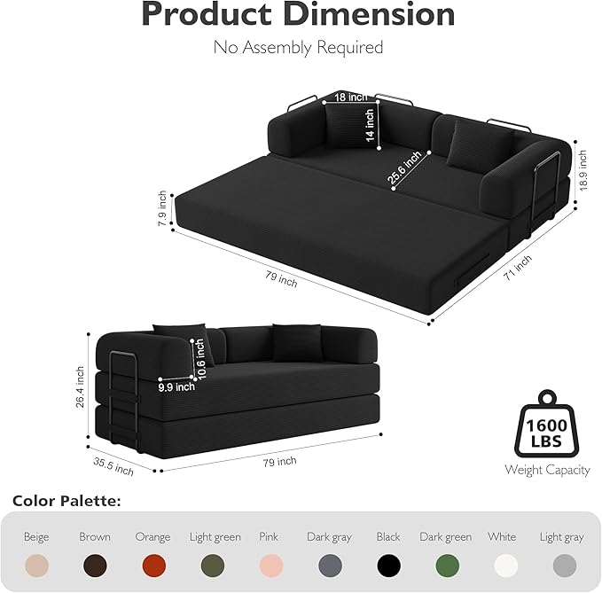79 Inch 5-in-1 Convertible Sofa Bed, Corduroy Boneless Floor Couch with Fixed Frame & Pillow, Modular Folding Mattress Lounger for Small Space, Living Room, Bedroom - Easy Assembly(Black)