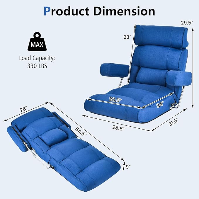Giantex Adjustable Folding Sofa Chair - Lazy Floor Chair with Infinitely Adjustable Backrest, Extendable Armrest & Seat, Couch Recliner for Meditation, Reading, Gaming Floor Chairs for Adults (Blue)