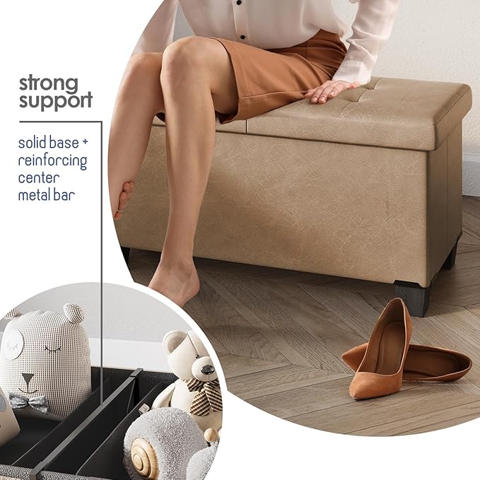 Storage Ottoman Bench with Bins, 43-in Storage Bench for Bedroom End of Bed, Folding Foot Rest Ottoman for Living Room Max 660lbs, Faux Leather Ottomans, Taupe