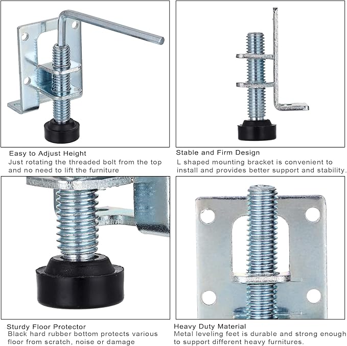 OwnMy 4 Packs Heavy Duty Adjustable Furniture Leveling Feets L Shaped Furniture Leveler Legs, Furniture Mounting Brackets Metal Leveling Load Table Leg for Workbench Cabinet Wardrobe, 2.2" H